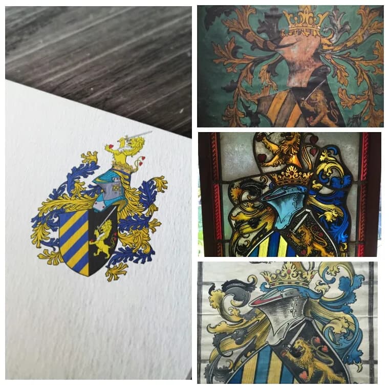 Coat of arms I designed for an engineer from the USA. Project based on 3 sources: a painting, a watercolor also printed and stained glass